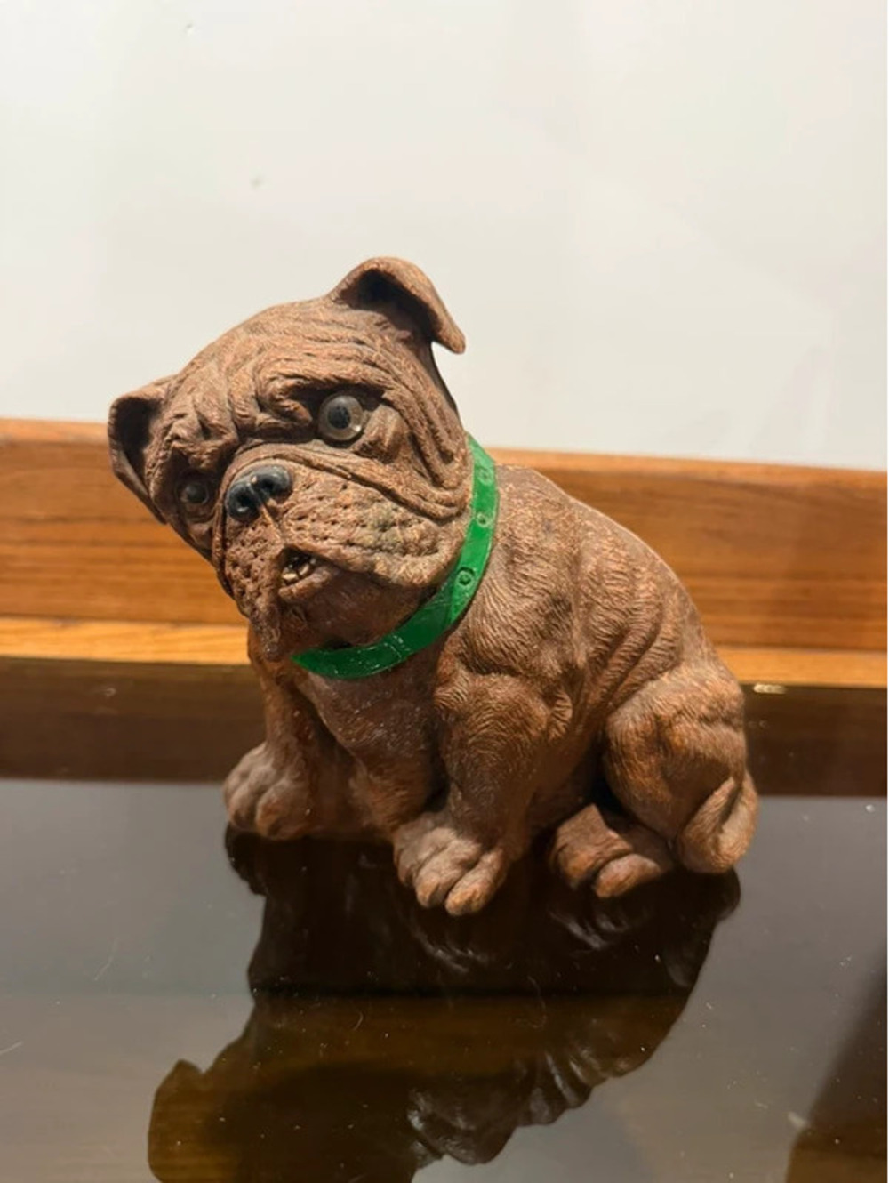 Vintage 1930s Syroco Bulldog Doorstop Glass Eyes Green Collar Wood Composite